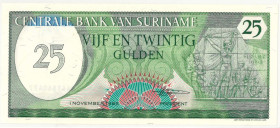 Suriname. 25 gulden . Banknote. Type 1985. - UNC.
(Pick 127.b / PL S 19.3b ). Serienummer 0441360477. - UNC.