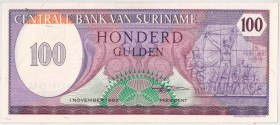 Suriname. 100 gulden. Banknote. Type 1985. - About UNC.
(Pick 128.b / PL S 19.4b ). Serienummer 0621917622. - About UNC.