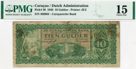 Curacao. 10 gulden . Banknote. Type 1948. - Fine .
(Pick 30 / PL NA 14.2a). Serienummer 486963. PMG-15. - Fine .