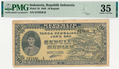 Indonesia. 10 rupiah. Banknote. Type 1945. - Very fine.
(Pick 19). Serienummer 615956LR. PMG-35. - Very fine.