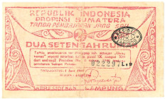 Indonesia . 2½ rupiah. Banknote. Type 1947. - Very fine.
Serienummer 022297LSR. - Very fine.