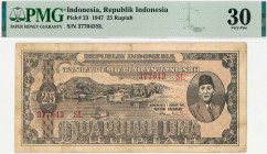 Indonesia. 25 rupiah. Banknote. Type 1947. - Very fine.
(Pick 23). Serienummer 377043SL. PMG-30. - Very fine.
