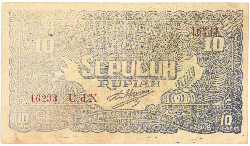 Indonesia. 10 rupiah. Banknote. Type 1948. - Fine +.
Serienummer 16233UDX. - Fi...