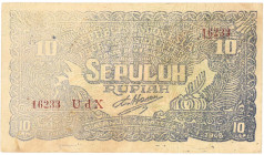 Indonesia. 10 rupiah. Banknote. Type 1948. - Fine +.
Serienummer 16233UDX. - Fine +.