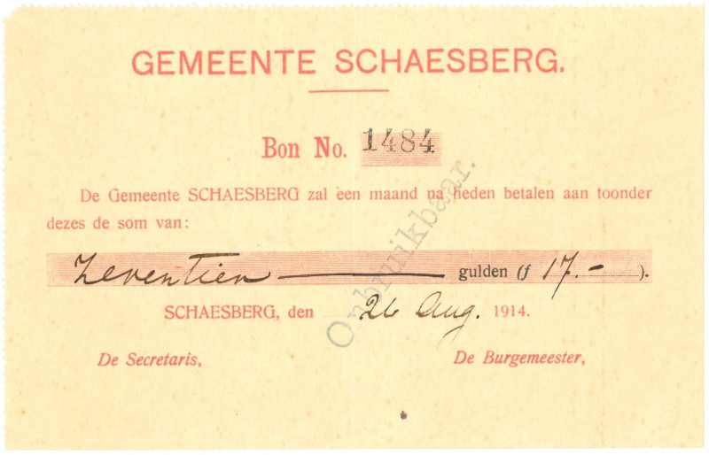 Nederland. 17 gulden . Bon. Type 1914. Type Schaesberg. - Zeer Fraai / Prachtig....