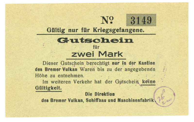 Germnay. 2 mark. Banknote. Type ND. Type Bremer vulkan. - UNC.
Serienummer 3149...