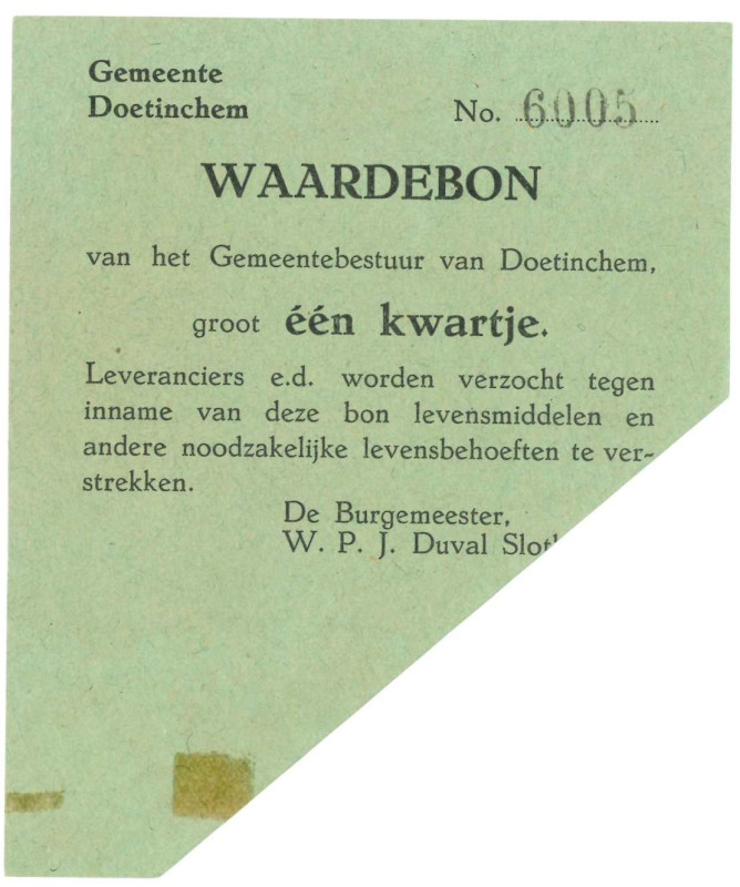 Nederland. 25 cent. Waardebon. Type 1940. Type Doetinchem. - Prachtig.
Serienum...