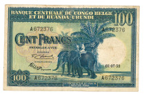 Belgium-Congo. 100 francs. Banknote. Type 1952. - Very fine.
Serienummer A672376. - Very fine.