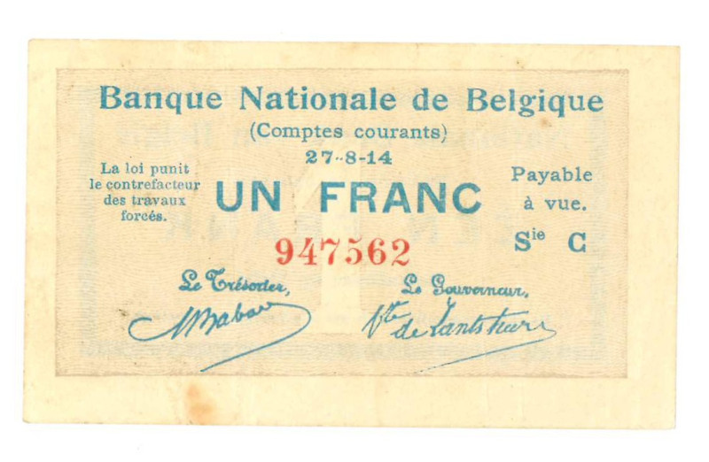 Belgium. 1 franc. Banknote. Type 1914. - Very fine.
Serienummer C947562. - Very...