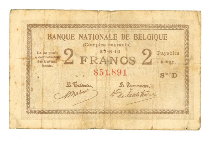 Belgium. 2 francs. Banknote. Type 1914. - Fine .
Serienummer D851891. Pinholes....