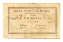 Belgium. 2 francs. Banknote. Type 1914. - Fine .
Serienummer D851891. Pinholes. - Fine .