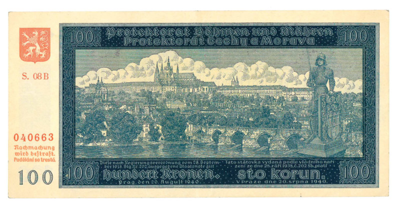 Czechoslovakia. 100 korun. Banknote. Type 1938. - UNC.
Serienummer S 08B 040663...