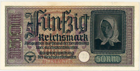Germany . 50 reichsmark . Banknote. Type 1940. - Extremely fine.
(M. A06-1 / Pick R140). Serienummer B-3869078. - Extremely fine.