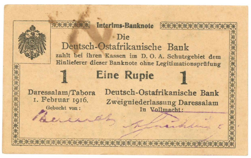 Germany-East Africa. 1 rupie. Banknote. Type 1916. - UNC.
Serienummer 69062. - ...