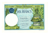 Madagascar. 10 francs. Banknote. Type ND. - Extremely fine.
Serienummer R1656 0393. Pinholes. - Extremely fine.