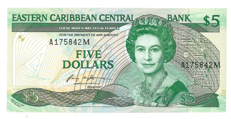 East-Caribbean. 1 and 2x 5 dollars. Banknote. Type ND. - UNC.
Serienummer A3189...