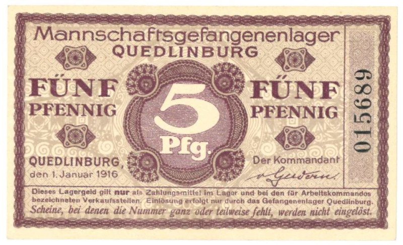 Germany . 5 pfennig and 5 mark. Banknote. Type 1916. Type Quedlinburg. - UNC.
S...