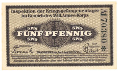 Germany. 5 pfennig. Banknote. Type 1917. Type Frankfürt. - UNC.
Serienummer 121290/A170380. - UNC.
