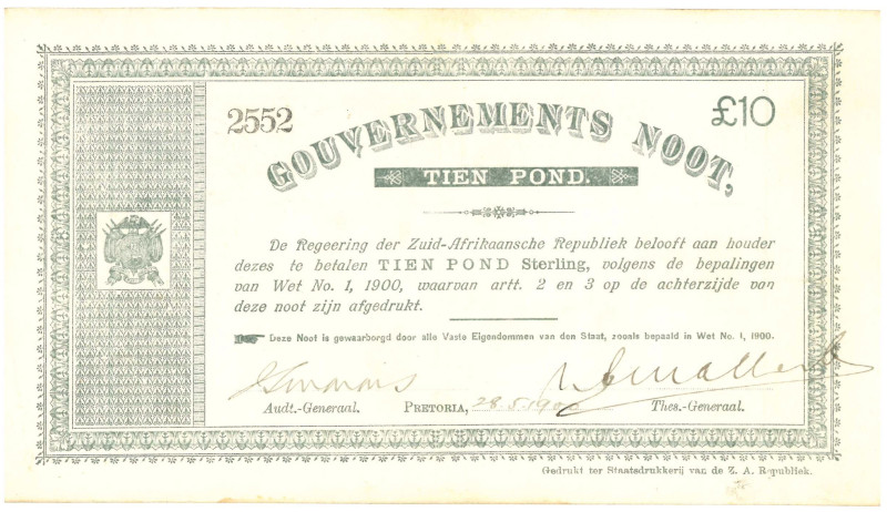 Zuid-Afrika. 10 pond. Noot. Type 1900. - Prachtig.
Serienummer 2552. - Prachtig...