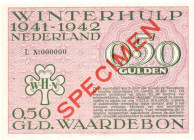 Nederland. ½ gulden . Waardebon. Type 1941-1942. - UNC.
Serienummer L000000. Specimen. - UNC.