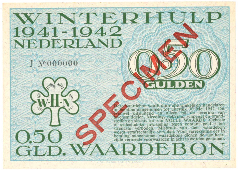 Nederland. ½ gulden . Waardebon. Type 1941-1942. - UNC.
Serienummer J000000. Sp...