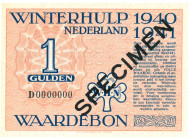 Nederland. 1 gulden . Waardebon. Type 1940-1941. - Nagenoeg UNC.
Serienummer D0000000. Specimen. - Nagenoeg UNC.
