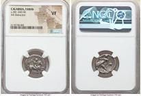 CALABRIA. Tarentum. Ca. 281-240 BC. AR stater or didrachm (19mm, 1h). NGC VF. Aristocles and Di-, magistrates. Warrior on horseback charging right, sh...