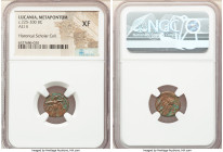LUCANIA. Metapontum. Ca. 225-200 BC. AE (14mm, 2h). NGC XF. Athena striding left, seen from behind, aegis on left arm, brandishing thunderbolt with ri...
