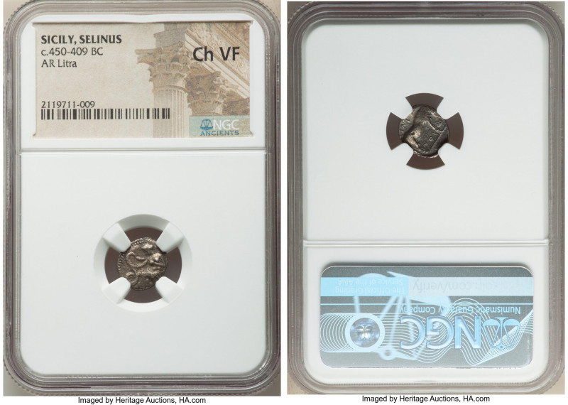 SICILY. Selinus. Ca. 450-409 BC. AR litra (12mm, 4h). NGC Choice VF. Nymph seate...