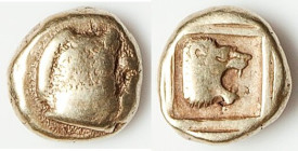 LESBOS. Mytilene. Ca. 454-427 BC. EL sixth-stater or hecte (11mm, 2.50 gm, 1h). Choice Fine. Forepart of boar right / Head of lion right; within linea...