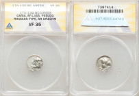 CARIA. Mylasa. Ca. 175-130 BC. AR drachm (15mm, 1h). ANACS VF 35. Ca. 170-130 BC. Facing head of Helios, eagle standing right at cheek to left / Rose ...