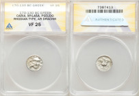 CARIA. Mylasa. Ca. 175-130 BC. AR drachm (14mm, 12h). ANACS VF 25. Ca. 175-150 BC. Head of Helios facing; eagle standing right at cheek to left / Ξ-A ...