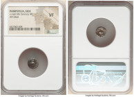 PAMPHYLIA. Side. Ca. mid-5th century BC. AR obol (10mm, 5h). NGC VF. Pomegranate; dotted border / Helmeted head of Athena right; within incuse square....