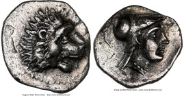 PAMPHYLIA. Side. Ca. mid-4th century BC. AR obol (11mm, 6h). NGC XF, brushed. Head of lion right / Helmeted head of Athena right, wearing crested Cori...