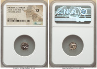 PHOENICIA. Byblus. Aynel (Ca. 350-326 BC) AR 1/16 shekel (10mm, 12h). NGC XF. Lion-headed galley left, containing two hoplites with helmets and round ...