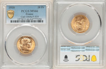 Republic gold 20 Francs 1910 MS66 PCGS, Paris mint, KM857, Gad-1064a, F-535. A sharply struck gem unveiling fluid luster and amber peripheral toning. ...