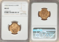 Republic gold "Bazor" 100 Francs 1935 MS63 NGC, Paris mint, KM880. Liquid fields of glimmering luster enhanced by it's sleek stylized form. 

HID098...