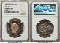 Saxony. Friedrich August III Proof 3 Mark 1908-E PR64 Cameo NGC, Muldenhutten mint, KM1267, J-135. Golden-brown and lilac toning with watery fields an...