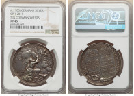"Moses Receiving Ten Commandments" silver Medal (c.1700) XF45 NGC, Goppel-2815. By Hautsch. Moses receiving the 10 commandments / Tetragrammaton above...