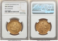 Republic gold 4 Escudos 1825 Mo-JM UNC Details (Reverse Damage) NGC, Mexico City mint, KM381.6, Fr-77. Highly reflective fields with peripheral tone, ...