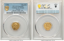 Elizabeth gold Rouble 1756 AU Details (Cleaned) PCGS, Red mint, KM-C22, Bit-60 (R). Large tail variety. 

HID09801242017

© 2022 Heritage Auctions...