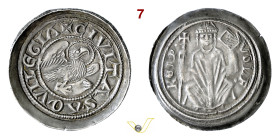 AQUILEIA VOLCHERO (1204-1218) Denaro (1209) D/ Il Patriarca in trono con lunga croce e libro R/ Aquila nimbata in volo; tra gli artigli un rotolo MIR ...