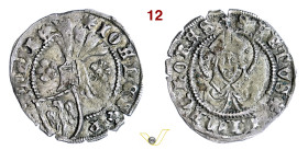 AQUILEIA GIOVANNI DI MORAVIA (1387-1394) Denaro D/ Scudo sormontato da elmo con cimiero; nel campo due fiori R/ Busto frontale di S. Ermacora, nimbato...