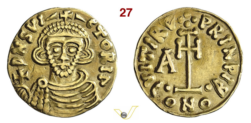 (§) BENEVENTO ARICHI II, Principe (0774-787) Tremisse D/ Busto frontale con glob...