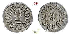 (§) BENEVENTO LUDOVICO II (0867-870) Denaro, a nome di Ludovico e Angilberga D/ Croce potenziata su gradini R/ Piccola croce MIR 244 CNI 42/47 Ag g 1,...