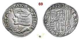 CASALE - GUGLIELMO II PALEOLOGO (1494-1518) Testone s.d. D/ Busto corazzato con berretto R/ Stemma inquartato. MIR 185 Ag g 9,50 mm 29 • Bel metallo b...
