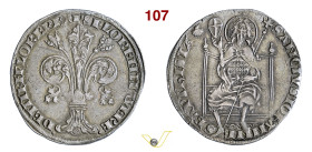 FIRENZE REPUBBLICA (XIII Secolo - 1532) Guelfo da 5 Soldi (1347, I semestre) simbolo nicchio (Naddozzo di Naddo) D/ Grande giglio R/ San Giovanni sedu...