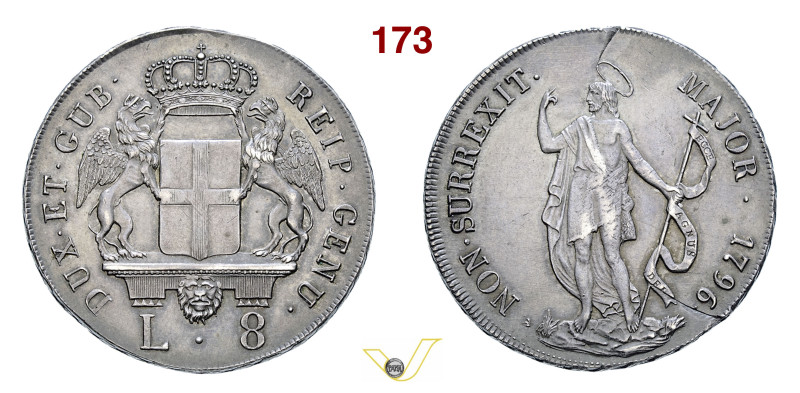 GENOVA DOGI BIENNALI, III fase (1637-1797) 8 Lire 1796 D/ Stemma coronato, accan...