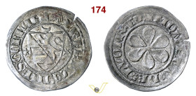 GORIZIA ALBERTO III (IV) (1338-1374) Denaro (1338-1342) D/ Scudo di Gorizia sormontato da crescente ed affiancato da due stelle R/ Rosa a sei petali M...