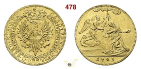 CARLO EMANUELE III (1730-1773) Da 4 Zecchini 1745 detto "dell'Annunciazione" Torino D/ Aquila ad ali spiegate, caricata dello stemma sabaudo e coronat...